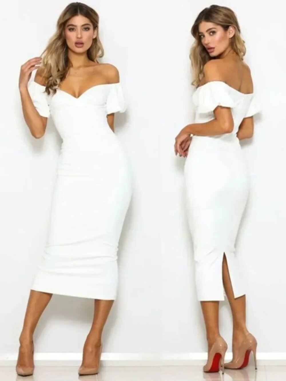 Abyss by Abby NATALIA White Midi Off the Shoulder Puff Sleeve Dress S